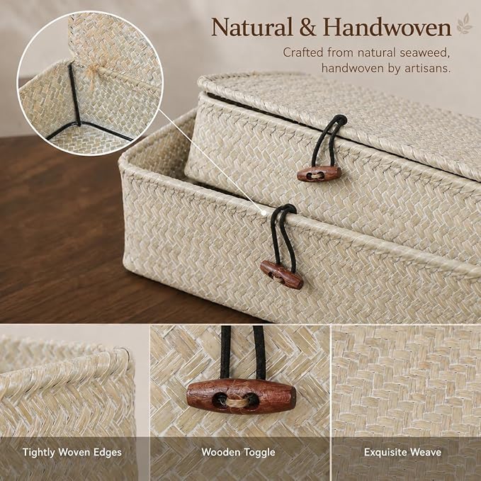 YANGQIHOME Set of 2 Seagrass Baskets with Lids, Rectangular Woven Storage Baskets, Natural Wicker Basket Boxes for Coffee Table, Shelf, Bathroom Counter & Closet Decor (Whitewashed, Set of 2)