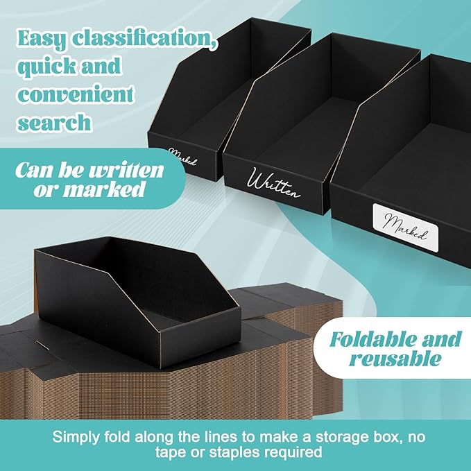 Fuyoooo 30 Pack 12 x 4/6/8 x 4.5 Inches Cardboard Storage Bins Open Top Bin Boxes Black Corrugated Shelf Organizer Bins for Pantry, Parts, Garage, Snacks, Bottles, Cans or Warehouse Home Cubby