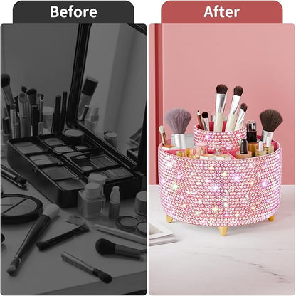 fanado Bling 360° Rotate Makeup Brush Holder Organizer, Makeup Organizers Countertop, Makeup organization and Skincare Storage for Vanity, Gift for Women Girls (Bling dz-Pink)