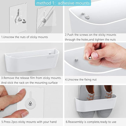 Wall Mounted Shoes Rack 6Pack with Sticky Hanging Strips, Plastic Shoes Holder Storage Organizer,Door Shoe Hangers (SM03-White-6)