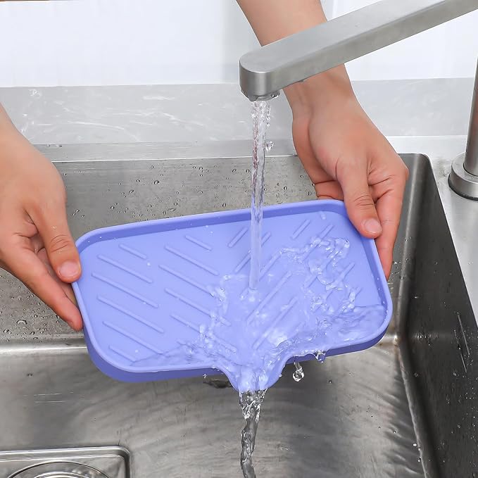 MicoYang Silicone Bathroom Soap Dishes with Drain Spout-Bathroom and Kitchen Sink Organizer,Sponge Holder,Dish Soap Tray,Perfect for Dispenser,Scrubber,Bottle on Sink or Counter-Light Purple 9.6"×5.3"