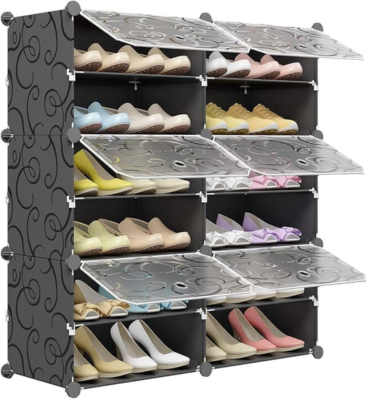 KOUSI Portable Shoe Rack Organizer 24 Pair Tower Shelf Storage Cabinet Stand Expandable for Heels, Boots, Slippers 6 Tier Black,Clear,32 inches x12 inches x36 inches