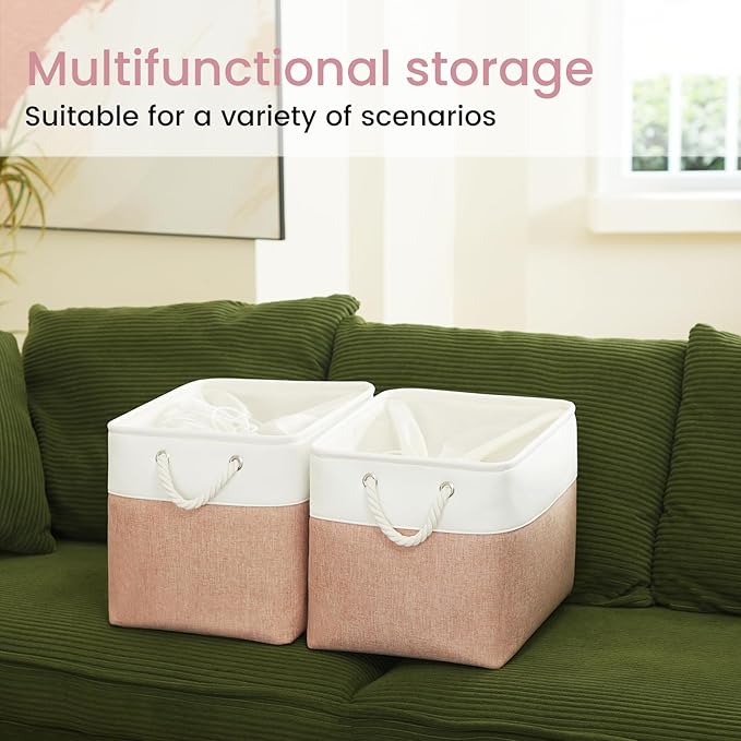 Large Storage Baskets- 16x12x12 inch Storage Bins for Shelves and Closet Organizing, Foldable Fabric Bin for Home Organization Clothes and Laundry (3-Pack, White&Pink)