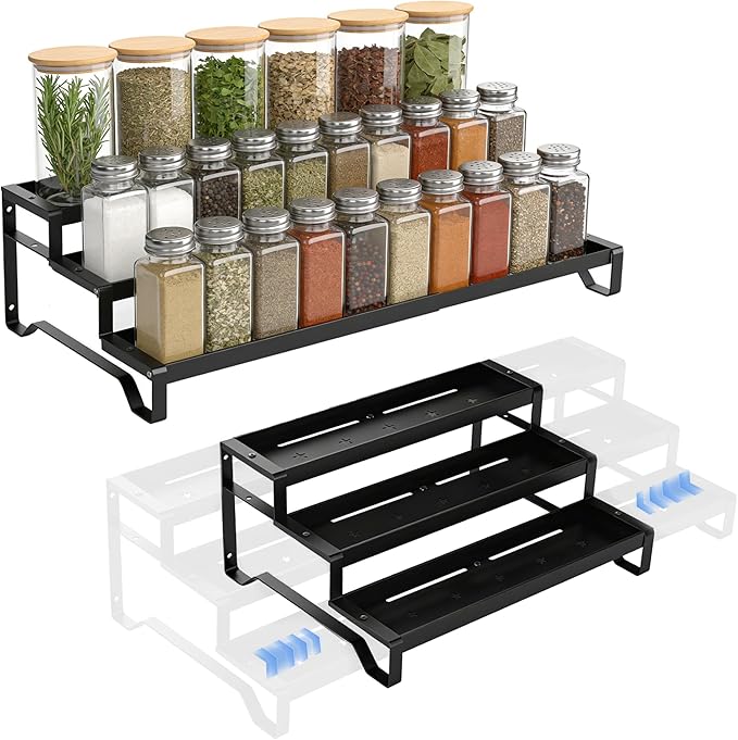 SANKEU Expandable Spice Rack Organizer for Cabinet 3 Tiered Metal Seasoning Organization with Guardrails Spice Shelf Storage for Jars Adjustable Length 13"-21" Black 1Pack