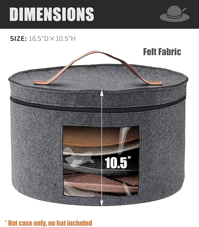 Hat Box, Travel Hat Storage Box, Foldable Space-saving Hats Boxes Organizer for Men & Women Storage, Stackable Hats Carrier Case for Round Brim, Cowboy, Panama, Tweed Caps - Grey