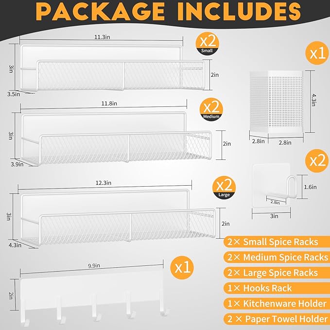 Magnetic Spice Rack for Refrigerator, 10 Pack Metal Magnetic Shelf, Moveable Spice Organizer with Hook Rack, Paper Towel Holder, Kitchenware Holder, Strong Magnetic Storage Fridge Organizer White
