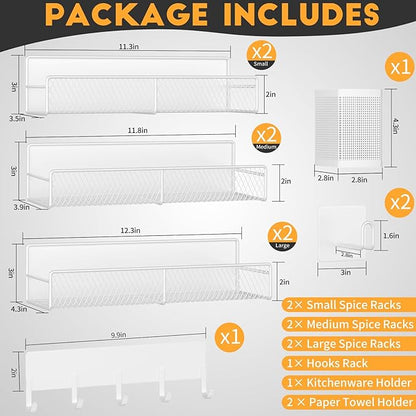 Magnetic Spice Rack for Refrigerator, 10 Pack Metal Magnetic Shelf, Moveable Spice Organizer with Hook Rack, Paper Towel Holder, Kitchenware Holder, Strong Magnetic Storage Fridge Organizer White