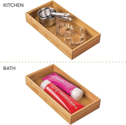 mDesign Wooden Bamboo Drawer Organizer - 12" Long Stackable Storage Box Tray for Kitchen Drawers/Cabinet - Utensil, Silverware, Spatula, and Flatware Holder - Echo Collection - 4 Pack, Natural Wood