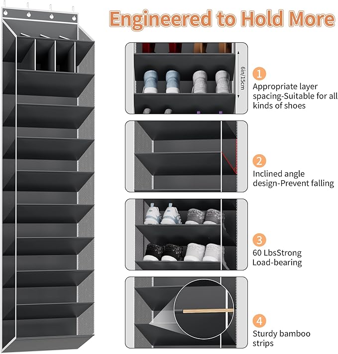 KYEVIS 10-Tier Large Size Over the Door Shoe Organizer, 20 Pairs Hanging Shoe Rack for Closet with Deep Pockets, Space-Saving Storage for Sneakers, Boots Heels (Grey)