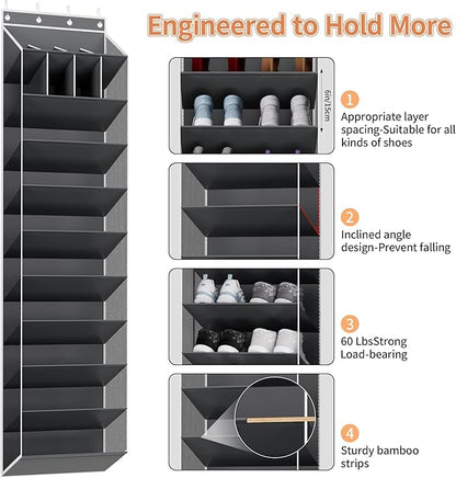 KYEVIS 10-Tier Large Size Over the Door Shoe Organizer, 20 Pairs Hanging Shoe Rack for Closet with Deep Pockets, Space-Saving Storage for Sneakers, Boots Heels (Grey)