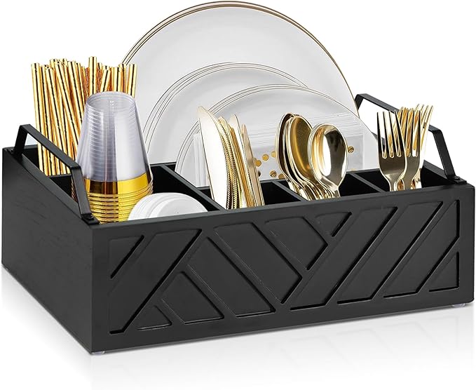 Ukonvi Paper Plate Dispenser and Holder for Kitchen Counter, Wood Rustic Silverware Utensil Caddy, Cutlery Flatware Organizer Box for Cups Spoons Forks Napkins, Kitchen Accessories