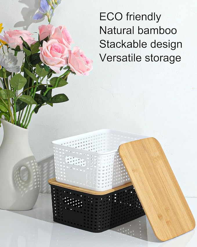 EOENVIVS Storage Bins with Bamboo Lids, 6 Pack Plastic Storage Baskets and Storage Containers, Storage Baskets for Organizing Shelves Drawers Desktop Closet Playroom Classroom Office Home, Black