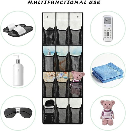 Versatile 12-Pocket Behind The Door Hanging Organizer, Made of Oxford Cloth, Waterproof Foldable and Perfect for Bathroom Bedroom Closet Storage, Beach Starfish Seashell Print