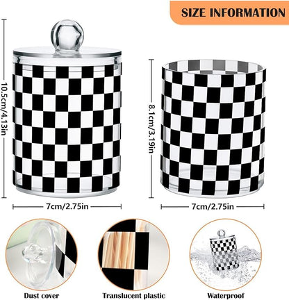 ALAZA 2pcs Black White Checkered Plaid Qtip Holder Dispenser 14 oz Bathroom Storage Clear Apothecary Jars Containers Cotton Ball,Cotton Rounds,Floss Picks, Hair Clips, Food