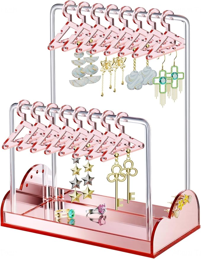 NiHome Acrylic Earring Holder with Unique Double-Tiered Design, Cute Miniature Clothing Hangers with Spacious Storage for 48 Pairs, Display for Home Vanity & Retail Showrooms (Rose Gold, With Tray)
