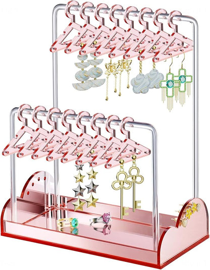 NiHome Acrylic Earring Holder with Unique Double-Tiered Design, Cute Miniature Clothing Hangers with Spacious Storage for 48 Pairs, Display for Home Vanity & Retail Showrooms (Rose Gold, With Tray)