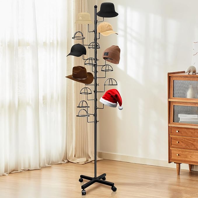 Montex Freestanding Hat Rack Stand, Metal Hat Organizer Rack with 14 Customisable Circular Hooks, Hats Tree Stand Floor Standing Hat Display, Black