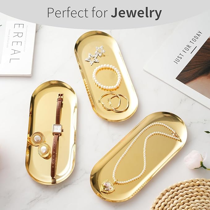3 Pack Gold Trays for Decor, Stainless Steel Decorative Tray, Small Vanity Tray for Bathroom, Elegant Jewelry Tray for Holding Perfume, Keys, Wallet, Business Cards, Candle, Oval