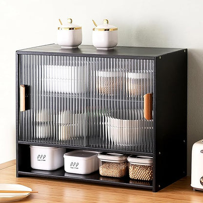OUKANING 3 Tiers Small Bamboo Kitchen Pantry Sideboard with 2 Sliding Striped Glass Doors, Freestanding Kitchen Pantry Cabinet for Bottle, Dish, Bowl Console Dining Cupboard, Black
