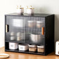OUKANING 3 Tiers Small Bamboo Kitchen Pantry Sideboard with 2 Sliding Striped Glass Doors, Freestanding Kitchen Pantry Cabinet for Bottle, Dish, Bowl Console Dining Cupboard, Black