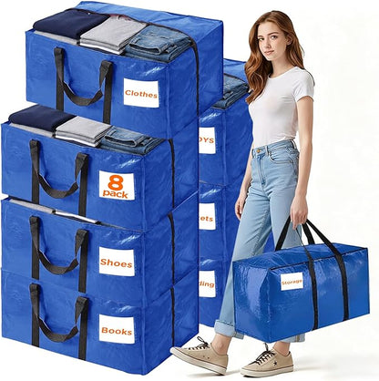 BETU 8 Pack Moving Bags Moving Storage College Dorm Camping Packing Travel PE Heavy Duty, Sturdy Handle, Zipper Large Storage Tote Bag Moving Boxes Box Alternative - Blue 29L x 14W x 13H