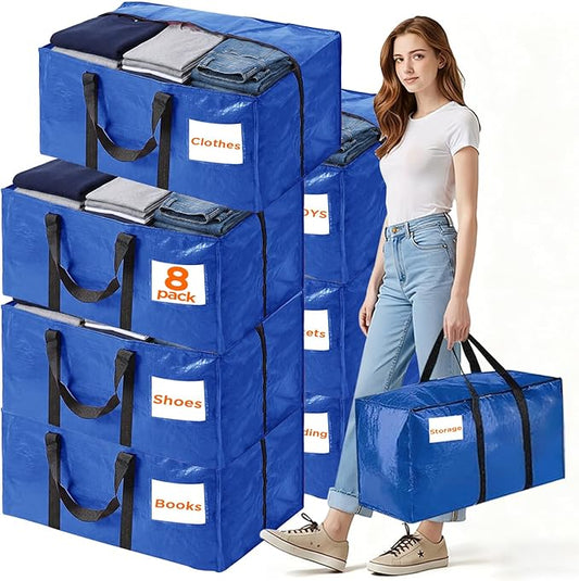 BETU 8 Pack Moving Bags Moving Storage College Dorm Camping Packing Travel PE Heavy Duty, Sturdy Handle, Zipper Large Storage Tote Bag Moving Boxes Box Alternative - Blue 29L x 14W x 13H
