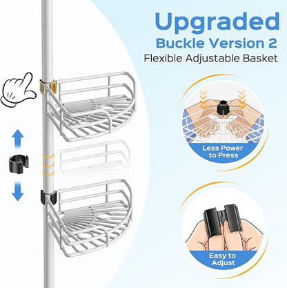 HAMITOR Shower Caddy Corner Tension Pole: 4-Tier Large Capacity Bathroom Organizer Shelf with Towel Bar - Rustproof No-Drill Adjustable 47-123 inch Storage for Renters, Home Bathtub Stand Rack, White