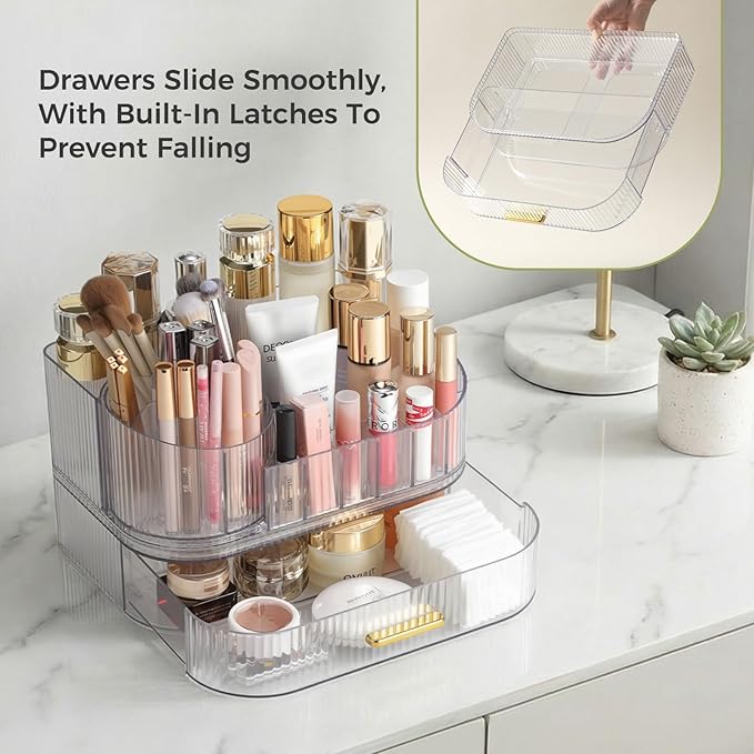 Delamu Makeup Organizer for Vanity with Stackable Drawers, 360 Rotating Makeup Brush Holder Large Cosmetic Display Case, Bathroom Skincare Storage, Crystal Clear, Ideal Gifts for Women