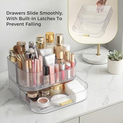 Delamu Makeup Organizer for Vanity with Stackable Drawers, 360 Rotating Makeup Brush Holder Large Cosmetic Display Case, Bathroom Skincare Storage, Crystal Clear, Ideal Gifts for Women