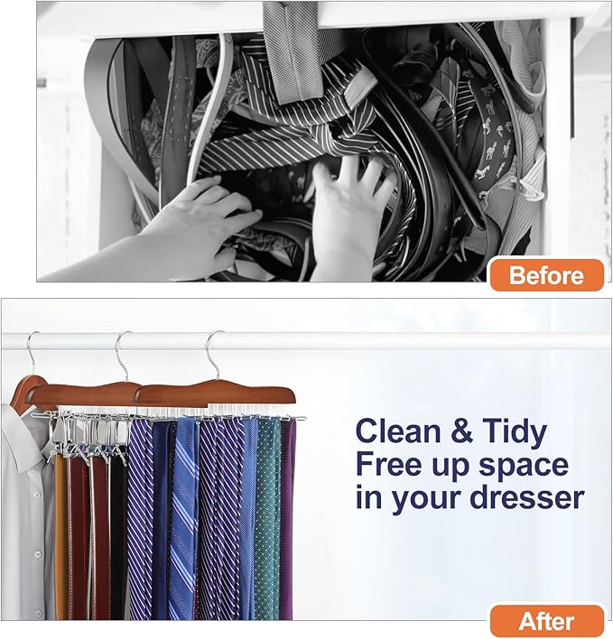 TOPIA HANGER Tie Rack Hanger for Closet, Wooden Tie Organizer for Men with 24 Folding Hooks, Space Saving Necktie Holder for Storage and Display Bra, Tank Top, Camisole (1-Pack), Walnut- CT14WA