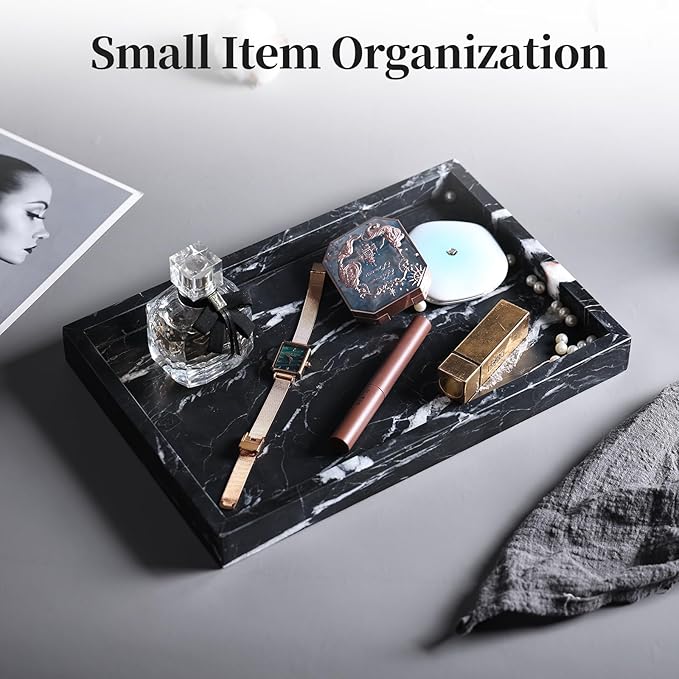 YMXYJM Real Natural Marble Tray for Bathroom, Genuine Marble Stone Vanity Tray, Luxury Storage Trays for Kitchen, Vanity, Home Decor, Dresser, Non-Resin/Non-Ceramic, 12"x 8"x 1.2", Black