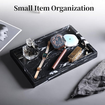 YMXYJM Real Natural Marble Tray for Bathroom, Genuine Marble Stone Vanity Tray, Luxury Storage Trays for Kitchen, Vanity, Home Decor, Dresser, Non-Resin/Non-Ceramic, 12"x 8"x 1.2", Black