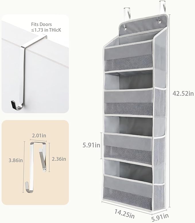Over the Door Organizer, Door Storage Organizer with Large Capacity Pockets, Hanging Shelves for Bedroom, Closet, Dorm, Pantry (Grey, 4-Tier)