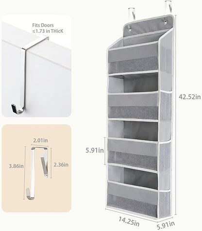Over the Door Organizer, Door Storage Organizer with Large Capacity Pockets, Hanging Shelves for Bedroom, Closet, Dorm, Pantry (Grey, 4-Tier)