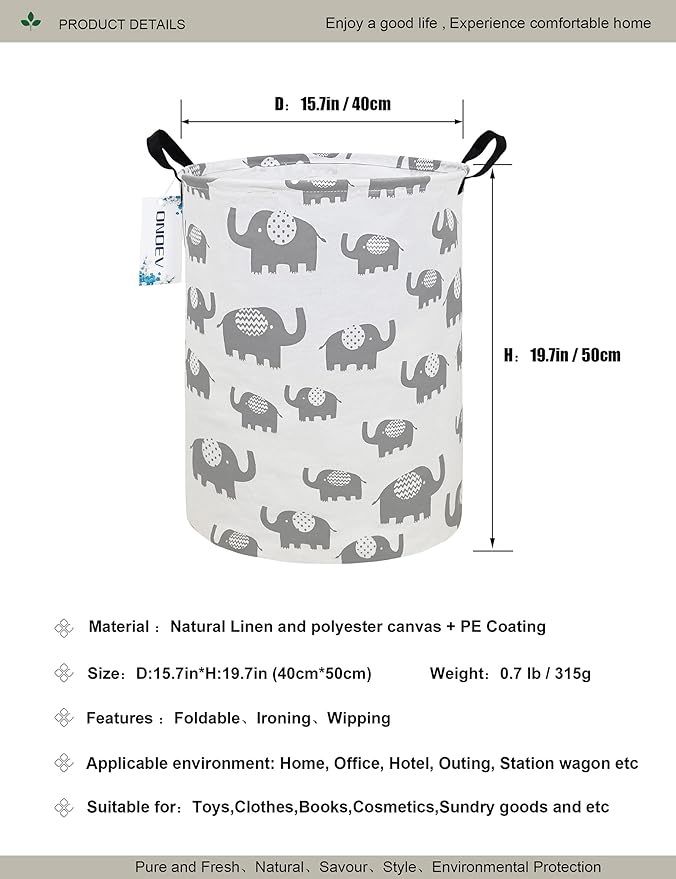Round Elephant Laundry Basket,Collapsible Laundry Hamper for Nursery,Cute Elephant Toy Storage Bin for Kids,Waterproof Storage Basket for Home,Bedroom,Playroom,New Parent Gift(Grey Elephant)