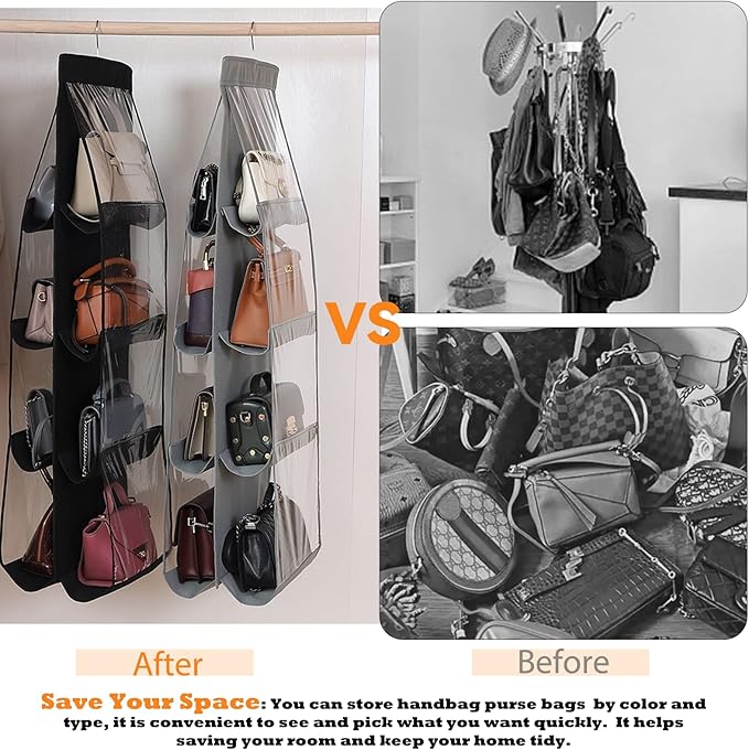Purse Organizer for Closet - Handbag Hanging Purse Storage and Organizers with Hook, Over Door Bags Holder Hanger, 8 Large Clear Waterproof Pockets, Space Saving, for Dorm, Bedroom, Wardrobe