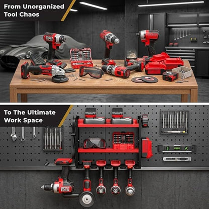 BUILTSTRONG Power Tool Organizer Wall Mount – 3-Tier Heavy-Duty Steel Rack, 6 Drill Slots, Dual Pegboard Sides, Side-by-Side Modular, 100 lb Capacity – Garage & Workshop (Red)
