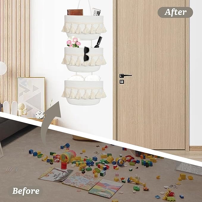 Over the Door Organizer Nursery - Cotton Boho Decor 3 Tier Wall Hanging Basket, Decorative Hanging Storage Organizer for Nursery Bathroom Bedroom Laundry Dorm Kitchen