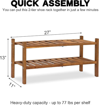 VICTORY RELAX Natural Acacia Wood 2-Tier Folding Shoe Rack – Space-Saving Wooden Shoe Organizer Shelf for Entryway, Hallway, Mudroom, or Closet – Compact Indoor Storage for Footwear & More