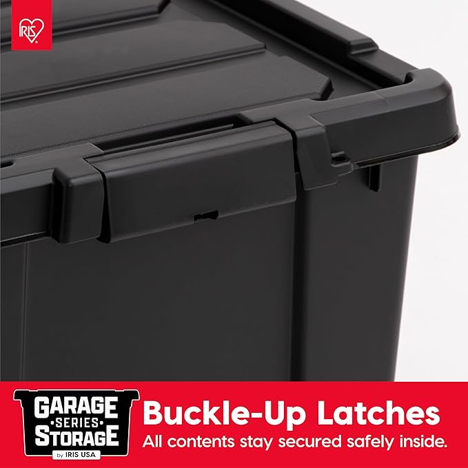 IRIS USA 5 Gallon Lockable Storage Bins with Lids, 6 Pack - Made in USA, Heavy Duty, Stackable Containers, Garage Organizing Bins Moving Tubs, Rugged Sturdy Equipment Utility Box - Black