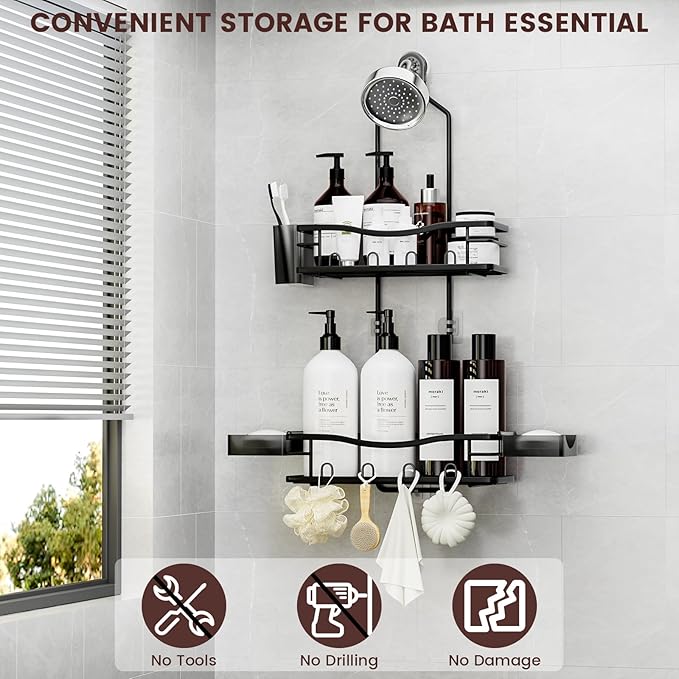 REINHARDT Shower Caddy Hanging, Rustproof Shower Caddy Anti-Swing Shower Organizer Over Showerhead No Drilling Shower Racks with Soap Holder Multi Hooks Bathroom Storage for Shampoo Sponge, Black