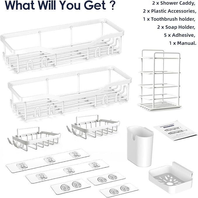NESOMI Shower Caddy Adhesive Shower Organizer 7-Pack, Rustproof Stainless Steel Bathroom Shelves, Large Capacity No-Drill Rack Storage Accessories with Soap Dish Toothbrush Holder Hooks