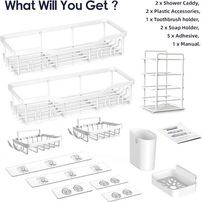 NESOMI Shower Caddy Adhesive Shower Organizer 7-Pack, Rustproof Stainless Steel Bathroom Shelves, Large Capacity No-Drill Rack Storage Accessories with Soap Dish Toothbrush Holder Hooks