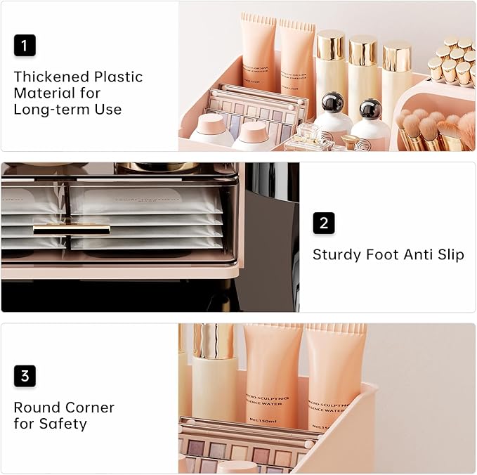 Makeup Organizer for Vanity with Brush Holder, Large Capacity Bathroom Countertop Skincare Organizer with 2 Drawers, Cosmetic Display Case for Perfumes, Eyeshadow Palettes, Nail Polishes