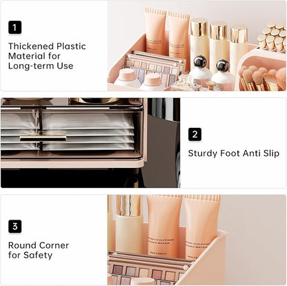 Makeup Organizer for Vanity with Brush Holder, Large Capacity Bathroom Countertop Skincare Organizer with 2 Drawers, Cosmetic Display Case for Perfumes, Eyeshadow Palettes, Nail Polishes