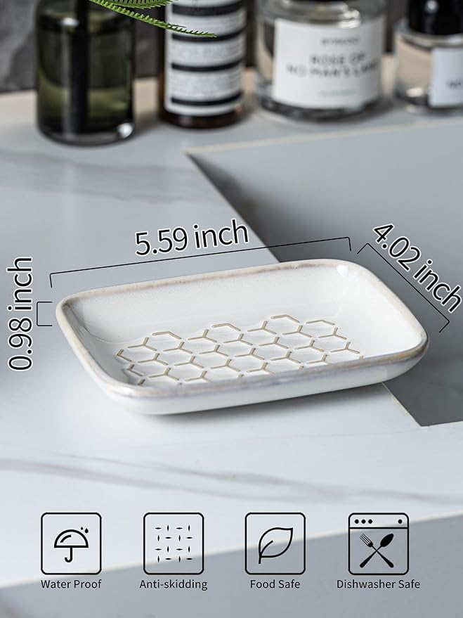 Gomakren Soap Dish for Shower, Ceramic Bar Soap Holder with Honeycomb Design, Soap Saver Tray for Bathroom Kitchen Sink, Sponge & Organizer Tray, Upscale Look, 5.5 Inch, Beige