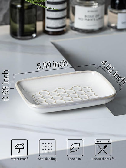 Gomakren Soap Dish for Shower, Ceramic Bar Soap Holder with Honeycomb Design, Soap Saver Tray for Bathroom Kitchen Sink, Sponge & Organizer Tray, Upscale Look, 5.5 Inch, Beige