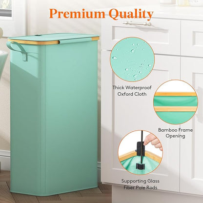 Lifewit 75L Slim Laundry Hamper with Lid, Narrow Laundry Basket with Removable Bag & Bamboo Handles, Fodable Thin Dirty Clothes Hamper for Laundry Collapsible Bin for Bathroom Bedroom Dorm, Sage Green