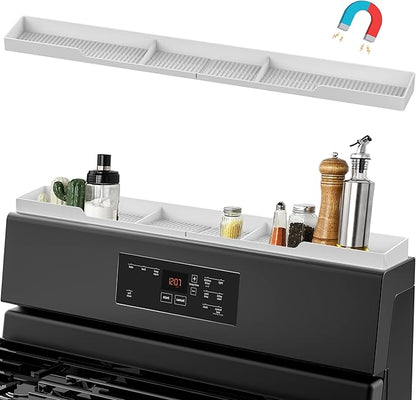 AWOKE Stove Top Shelf 30 Inch - Silicone Material Magnetic Shelf for The Stove - 3 Functional Partitions Kitchen Spice Rack Organizer - White