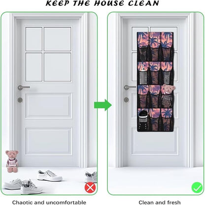 Coconut Tree Over the Door Shoe Organizer 12 Large Pockets Hanging Shoe Rack for Closet Sturdy Oxford Fabric Shoe Storage Organizer